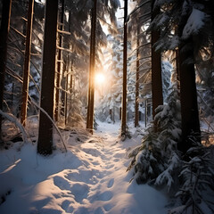 a snowy forest with tall evergreen trees and a blanket of snow