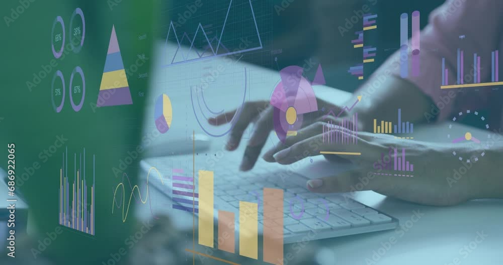 Aufkleber animation of statistical data processing against mid section of woman typing on keyboard at office