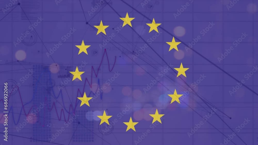 Poster animation of spinning circles on eu flag and statistical data processing against night city traffic