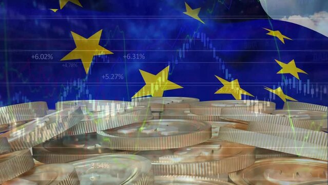 Animation of financial data processing and pile of coins against waving eu flag and blue sky - Powered by Adobe