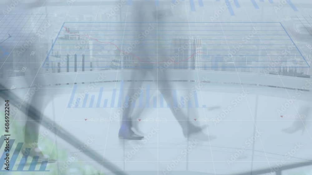 Poster animation of statistical data processing over time-lapse of low section of people walking at office
