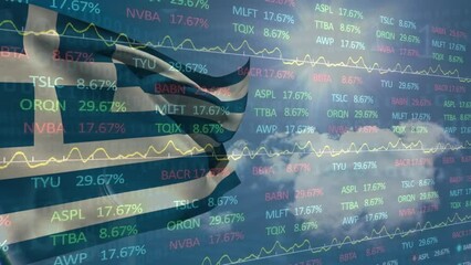 Animation of stock market data processing over waving greece flag against clouds in the blue sky - Powered by Adobe