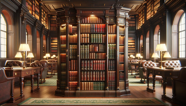 A bookcase filled with books  standing in a library. Ai generative