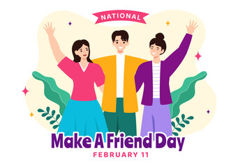 National Make a Friend Day Vector Illustration Observed on February 11th to Meet Someone and a New Friendship in Flat Cartoon Background Design