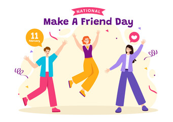 National Make a Friend Day Vector Illustration Observed on February 11th to Meet Someone and a New Friendship in Flat Cartoon Background Design