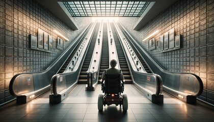 Raising awareness for architectural barriers - man in wheelchair stopped at staircase, disability and accessibility issues - obrazy, fototapety, plakaty