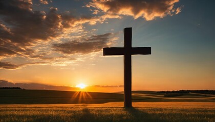 Silhouette of Christian cross on grass at sunrise - spiritual, serene scene