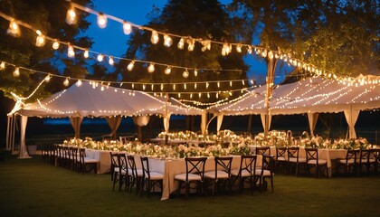 Evening outdoor event space with festive string lights - elegant marquee tents, rustic wooden tables, ambient lanterns, floral centerpieces, cozy atmosphere