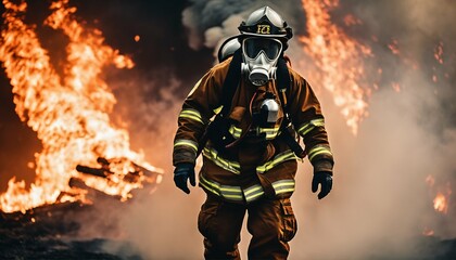 Fototapeta premium Firefighter in danger situation - emergency scene with fire, wearing safety suit