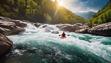 Whitewater kayaking down a rapid river in the mountains - adventurous, fast-paced water sport