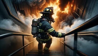Firefighter safety in emergency - fireman with flame, suited up for danger situation