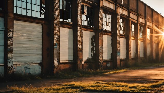 Urban decay and warm sunlight on abandoned factory - closed shutters, graffiti on walls, desolate street, sunset scene