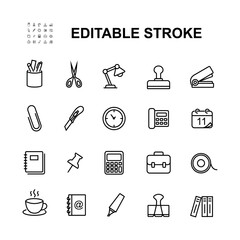 Illustration of Office Supplies Icons In Line Style.