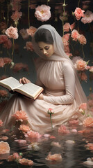 Fototapeta na wymiar A Surreal of Woman in the Hijab and Bring The Holy Book where Flowers Blooming