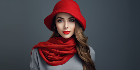 Beautiful Young Woman with red hat and scarf with Copy Space on a Grey Background