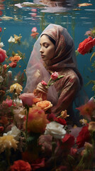 A Surreal of Woman in the Hijab and Bring The Holy Book where Flowers Blooming