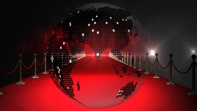 Animation of globe with network of connections over red carpet on black background