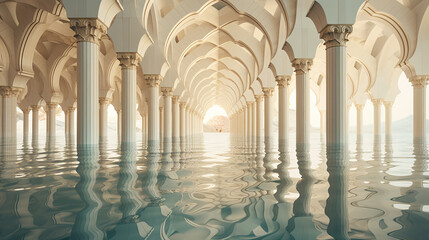Majestic Mosque Reflecting Muslim Serenity in Clear Waters, Bringing Spiritual Harmony
