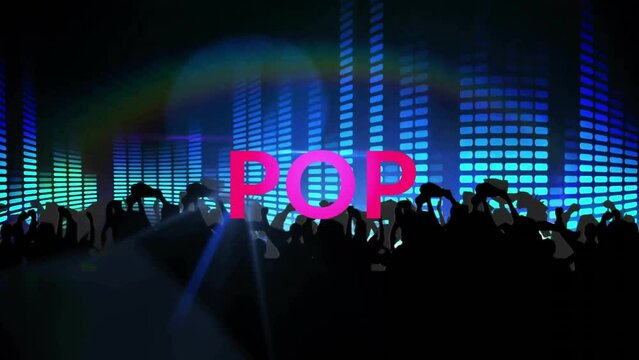 Animation of pop text over silhouettes of dancing people and flashing lights on black background