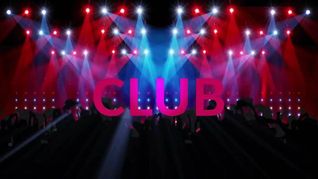 Animation of club text over silhouettes of dancing people and flashing lights on black background