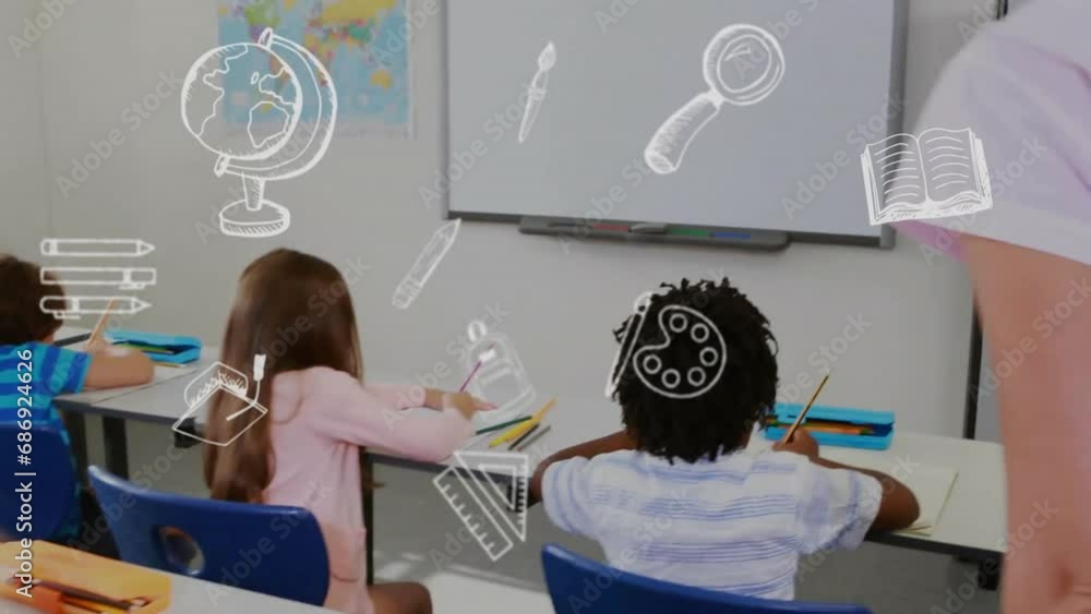 Wall mural Animation of education school icons over diverse school children in classroom