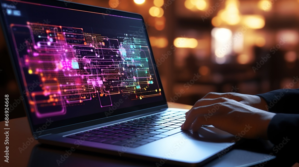 Poster digital data and network connection on laptop screen - data analysis and protection concept