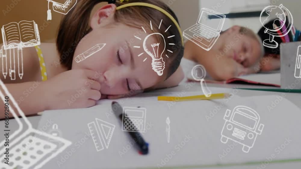 Sticker Animation of education school icons over diverse school children sleeping on desks in classroom