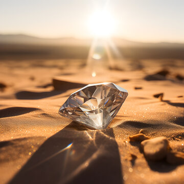 A Diamond on sand in the desert.  A Diamond in the rough concept. 