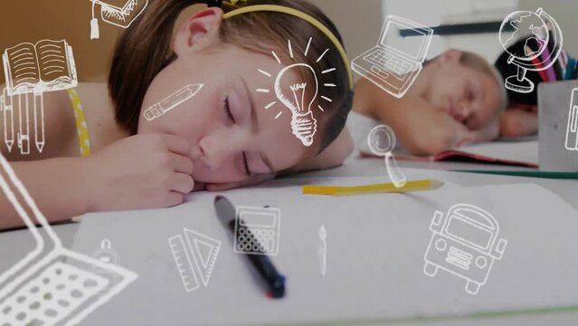 Animation of education school icons over diverse school children sleeping on desks in classroom