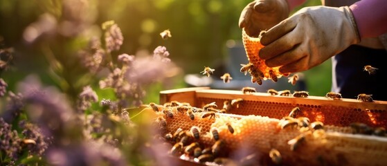 beekeeper's hands holding honeycombs dripping with golden honey in an apiary surrounded by wildflowers in full bloom during spring - obrazy, fototapety, plakaty