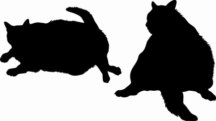 Set of two black fat cats illustrations - silhouettes of the fat cats isolated on white background-2匹の太った黒猫のイラスト	