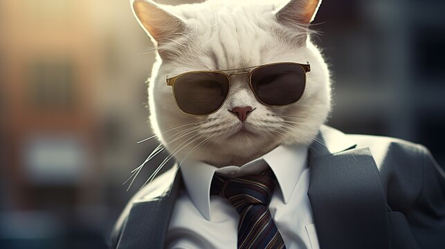 Dapper Cat wearing Suit, and Tie with Sunglasses