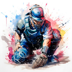 Baseball catcher colorful watercolor painting - obrazy, fototapety, plakaty