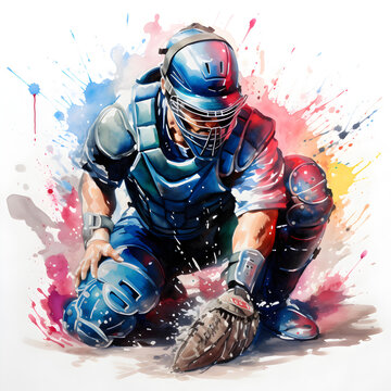 Baseball catcher colorful watercolor painting
