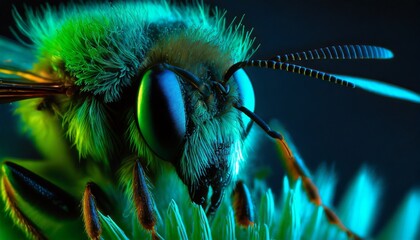 Primerisimo primer plano de abeja. Iluminada con tonos verdes y cálidos