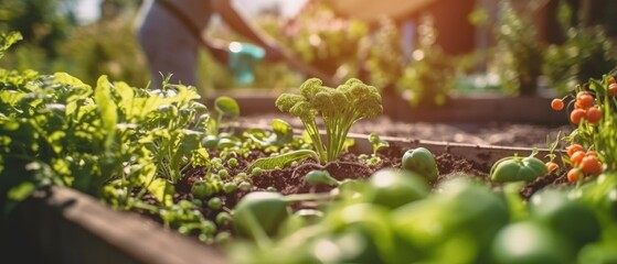 Lush home vegetable garden with fresh green plants thriving under warm sunlight, blurred person tending to crops