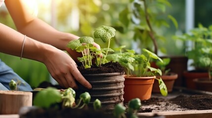 Hands planting and nurturing green plants in pots, showing gardening, growth, and nature care.