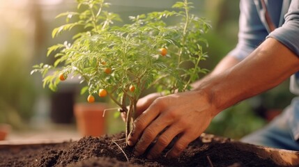 Close-up of hands planting a small fruit-bearing plant into rich soil, symbolizing growth, gardening, and nature.