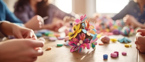 Hands crafting vibrant decorative items with colorful materials on a wooden table, creative leisure activity.