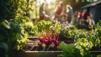 Freshly Harvested Radishes in a Sunny Community Garden with Blurred People Working in Background