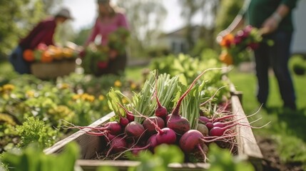 Vibrant Radishes Freshly Harvested in an Outdoor Garden Bed with Gardeners Working