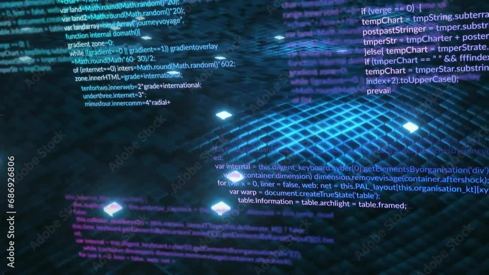 Poster animation of data processing over blue mesh on black background