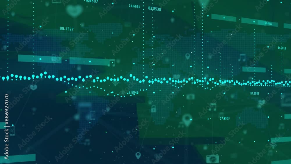 Poster Animation of data processing over cityscape and green background