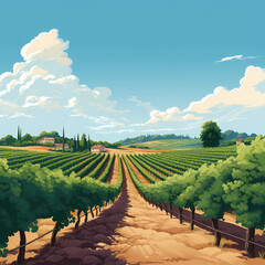 a peaceful vineyard with rows of grapevines and a clear sky - obrazy, fototapety, plakaty