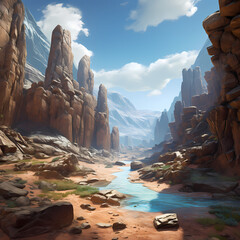 a serene canyon with layered rock formations and a clear sky