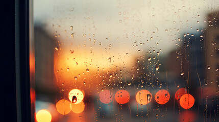 夕暮れ時の雨が窓に滴っているガラスのアップ、ライトのボケ