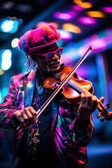 Fototapeta premium Man in a neon psychedelic outfit energetically playing the fiddle or violin.
