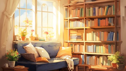watercolor illustration of a cozy warm home office reading corner with a big window and bookshelf