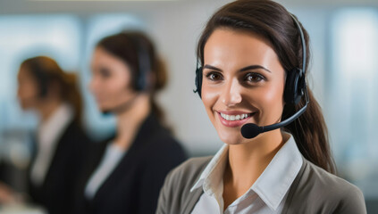 Woman phone headset office operator support business