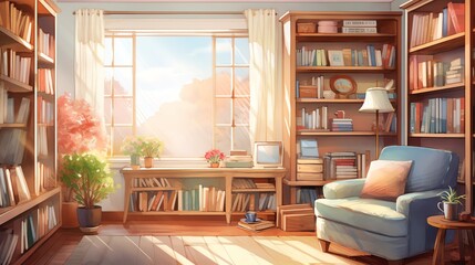 Fototapeta premium watercolor illustration of a cozy warm home office reading corner with a big window and bookshelf